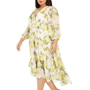 Calvin Klein Womens Floral Chiffon High-Low Maxi Dress, Yellow Size 10